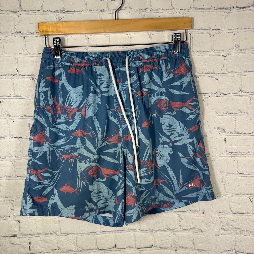 Huk Performance Fishing Mens Blue Coral Fish Tropical Print Swim Trunks Size S